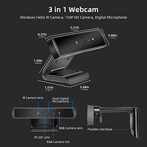 Webcam, Windows Hello IR Camera, 720P HD Camera, Digital Microphone, for Video Calls, Conferences, Online Lessons, Game, DX2