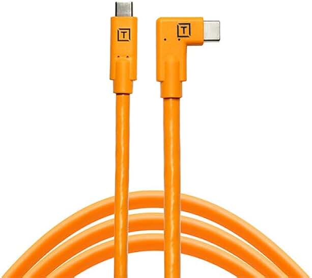 15-foot USB-C to USB-C cable, right angle, high-visibility orange