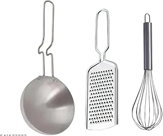 Stainless Steel Kitchen Tools Set with Masher, Whisk, Tadka Pan, and Grater