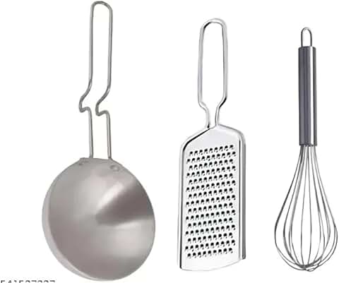 Stainless Steel Kitchen Tools Set with Masher, Whisk, Tadka Pan, and Grater
