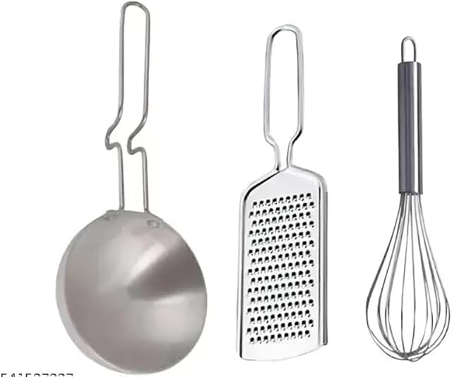 Stainless Steel Kitchen Tools Set with Masher, Whisk, Tadka Pan, and Grater