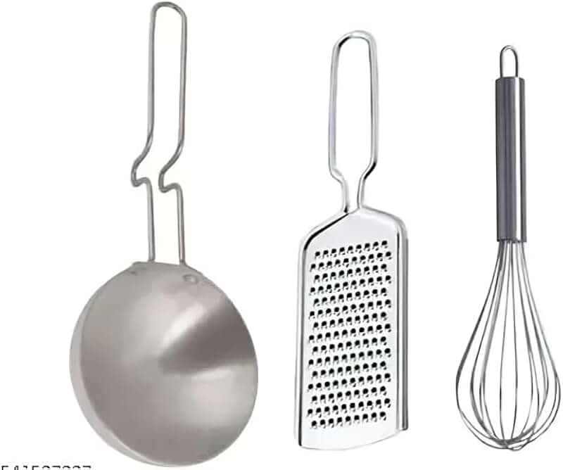 Stainless Steel Kitchen Tools Set with Masher, Whisk, Tadka Pan, and Grater