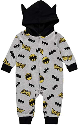 Batman Baby Boy Romper with Hooded Jumpsuit  Grey Black Yellow, 3-6 Months