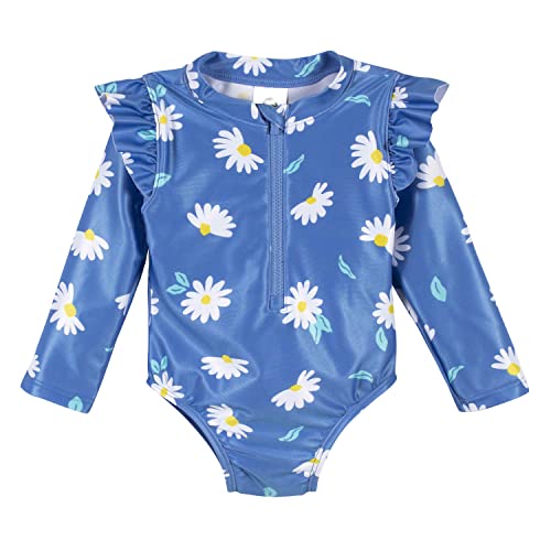 Girls' Toddler Long Sleeve One Piece Rashguard Swimsuit, Blue Daisies, 0-3 Months