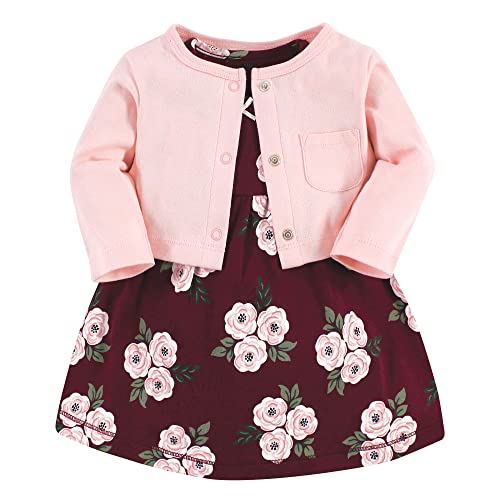 girls  Cotton and Cardigan Set, Burgundy Floral, 0-3 Months Casual Dress, Burgundy Floral, 3 Months US