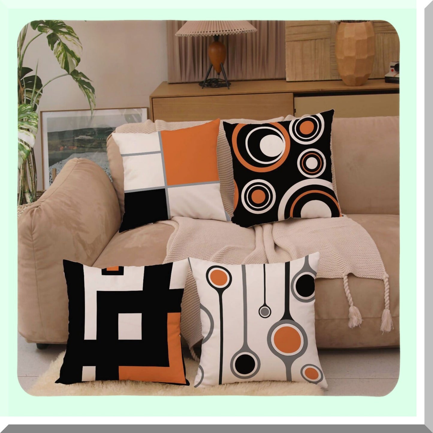 Geometric Orange Linen Pillowcase Set - 20x20 Decorative Throw Pillow Covers for Sofa, Couch, Bed & Patio - Farmhouse Cushion Case for Outdoor Home Decoration