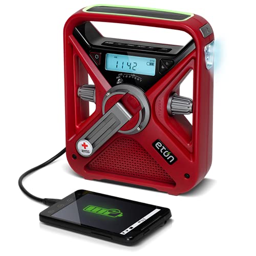 '- Red Cross FRX3+ Emergency NOAA Weather Radio, Red, Digital Display, Hand Turbine, Solar Power, Red LED Flashing Beacon, 7 NOAA/Environment Canada Weather Bands, Phone Charger