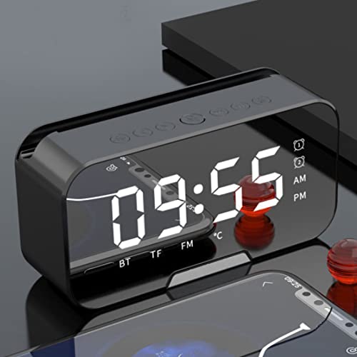 Bluetooth Speaker, LED Digital Alarm Clock Wireless Speaker with HD Time Display, Mirror Surface Rechargeable Speaker with FM Radio, Bright Adjustment, 2 Card Slot for Phones Tablets Computer (Black)
