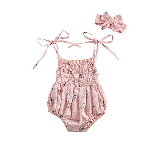 Infant Baby Girl Strap Sleeveless Romper Floral Bodysuit Jumpsuit Overalls +Headband 2Pcs Cotton Summer Outfits (A-Pink, 3-6 Months)