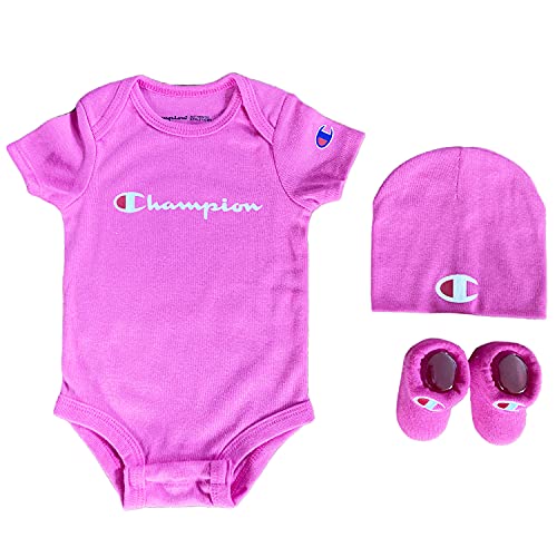 Baby Logo Script Infant 3-Piece Box Includes a Body Suit, a hat and Pair of Booties in Multiple Colors, ClassicScript-Pink 660, 0-6