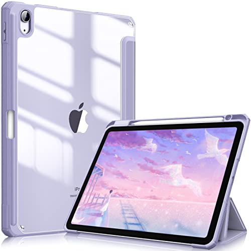 Hybrid Slim Case for iPad Air 5th Generation (2022) / iPad Air 4th Generation (2020) 10.9 Inch - [Built-in Pencil Holder] Shockproof Cover with Clear Transparent Back Shell, Lilac Purple