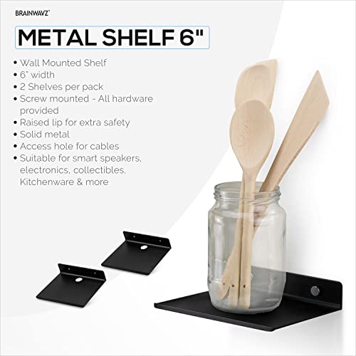 2-Pack 6" Floating Metal Wall Shelf for Books, Organizer, Speakers, Plants, Cameras, Books, Decor Display, Storage, Routers & More Wide Universal Holder Shelf by (Black)
