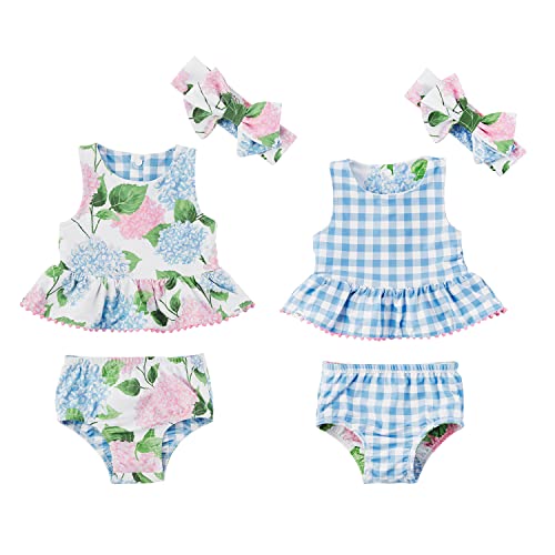 Girls Reversible Swimsuit & Headband Set, Hydrangea/Gingham, 3-6 Months