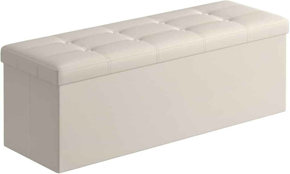 43-Inch Folding Storage Ottoman Bench in Cream White