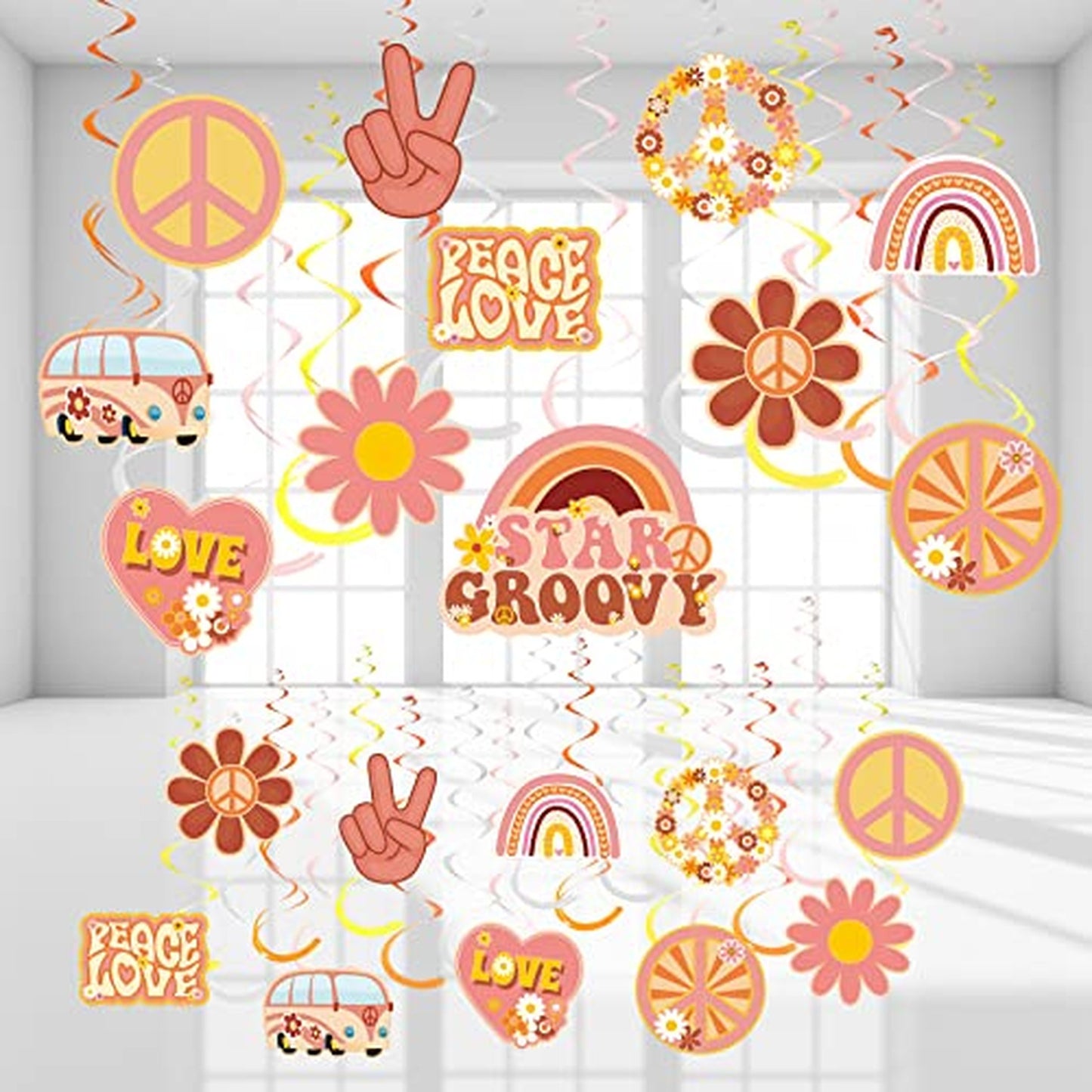 Groovy Rainbow Daisy Swirl Decorations - Set of 51 Hanging Swirls for Retro Hippie Boho Party, Girls Star Birthday, Baby Shower - Flower Party Supplies