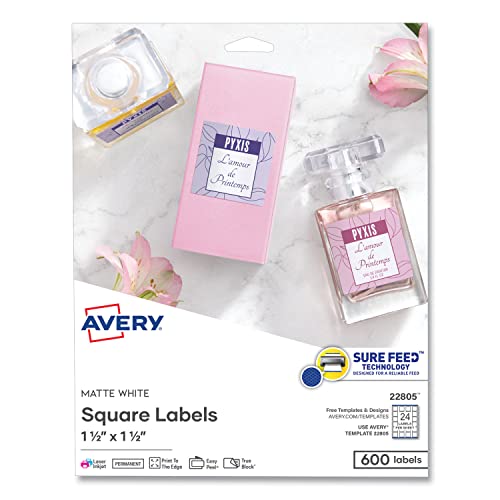 Printable Blank Square Labels, 1.5" x 1.5", Matte White, 600 Customizable Labels (22805)
