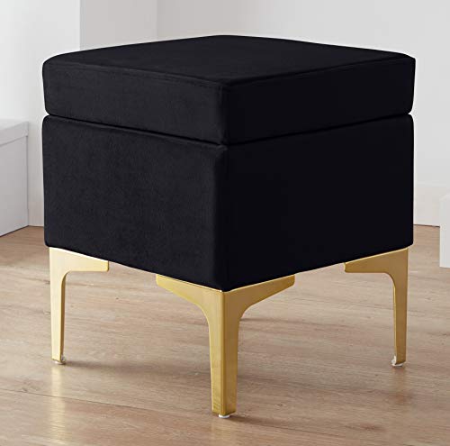 Madison Modern Cont rary Square Upholstered Velvet Ottoman  Vanity Chair  Gold Metal Legs  Black