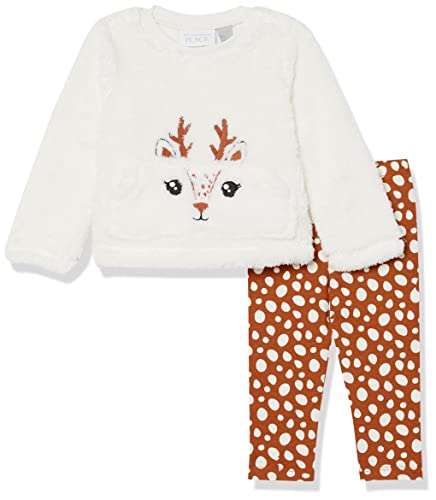 Baby Single Toddler Girls Long Sleeve Reindeer Sherpa Top and Print Knit Leggings 2-Piece Set, Bunnys Tail, 18-24 Months