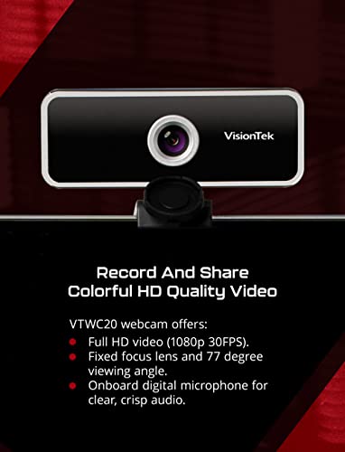 VTWC20 Full HD (1080P 30FPS) Webcam, for Windows, Mac, Linux, & Chromebook, Computer Video Camera W/Digital Microphone, Fixed Focus Lens W/Auto Focus, Privacy Cover, 77 Degree Viewing Angle