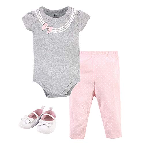Unisex Baby Cotton Bodysuit, Pant and Shoe Set, Gray Pink Pearls, 0-3 Months