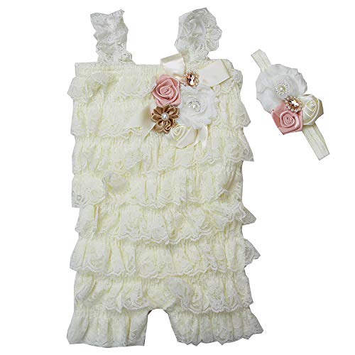 Baby Elegant Rosettes Pearl Lace Petti Romper Headband Set Small Cream