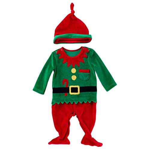 Kehen- Infant Baby  Outfit Toddler Girl Boy Winter  Santa Claus Clothes Xmas Elf Romper Bodysuit   Hat  Green,0-3 Months