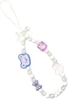 Cute Beaded Phone Charm and Wrist Strap in White and Purple