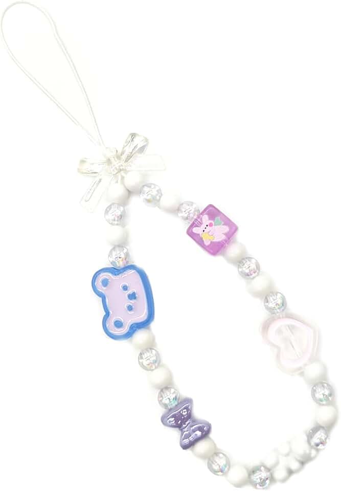 Cute Beaded Phone Charm and Wrist Strap in White and Purple