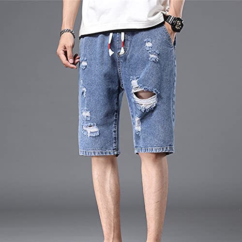 Men's Broken Holes Plus Size Stretch Denim Short Pants Ripped Drawstring Jean Shorts Destroyed Straight Leg Jeans Short (4X-Large,Dark Blue)