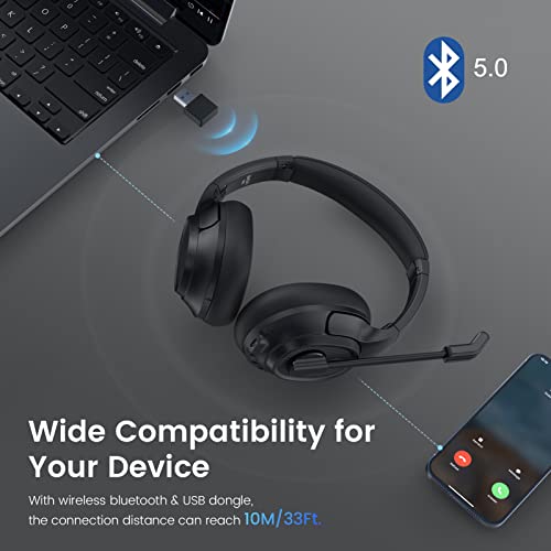 Bluetooth Headsets with Microphone & USB Dongle, 30 Hours Talk Time & 33ft Range, AI Environmental Noise Cancelling Mic, Over-Ear Wireless Headphone for PC/Laptop/Computer/Home/Work/Office/Zoom
