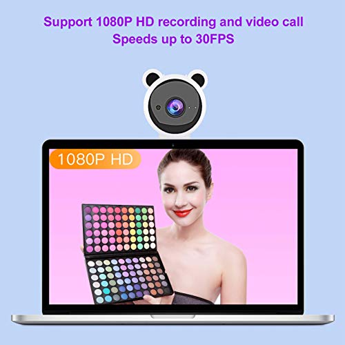 Webcam with Microphone, Cute Bear Design HD 1080p for PC, Desktop, Laptop, Plug and Play USB Web Camera for Teachers, Women, Live Broadcast(White)