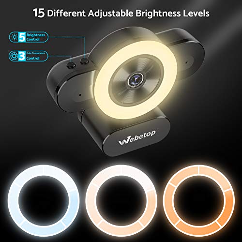 Webcam with Microphone, 2K Web Camera with Adjustable Ring Light 360Rotation for Computers, Zoom, Skype, Xbox, OBS, Streaming, Gaming, Video Conference, Studying and Video Calling