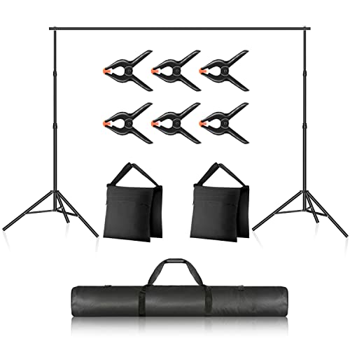 Photo Studio Backdrop Support System, 10ft/3m Wide 7ft/2.1m High Adjustable Background Stand with 4 Crossbars, 6 Backdrop Clamps, 2 Sandbags, and Carrying Bag for Portrait & Studio Photography
