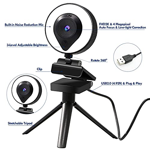 2k Streaming Webcam for Laptop with Microphone Ring Light USB HD Webcam with Tripod Adjustable Auto-Focus Web Camera 360 Webcam Camera for pc Gaming, Plug and Play
