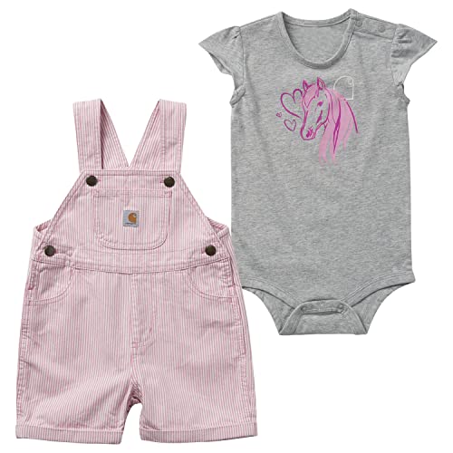 Baby Girls Short-Sleeve Horse Bodysuit & Stripe Shortall Set, Rose Bloom, 9 Months