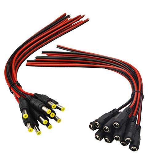 (Real 18AWG) 10 Pairs 12V 5A DC Power Pigtail Barrel Plug Connector Cable, 2.1mm x 5.5mm Male Female DC Pigtail Connectors for CCTV Security Camera and 12V Power Supply Adapter by