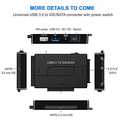 USB 3.0 to SATA IDE Hard Drive Reader, External Hard Drive Converter Universal Hard Drive Adapter Kit for 2.5/3.5 HDD/SSD Hard Drive Disk, Include 12V/2A Power Adapter
