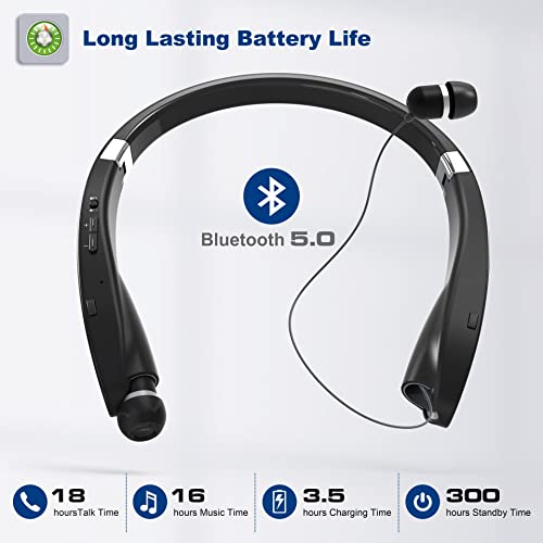 Bluetooth Neckband Headphones, Foldable Wireless Lightweight Neck Headset with Retractable Earbuds, Noise Cancelling Sweatproof Stereo Earphones with Mic & Carrying Case (Black)