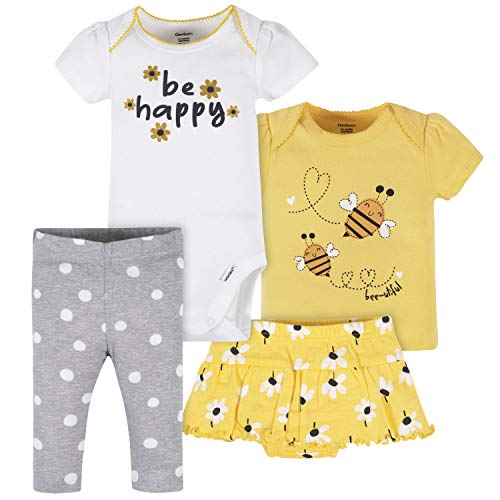 Baby Girls' Toddler 4-Piece Shirt, Skirted Panty and Pant Set, Yellow Daisies Onesie, 3-6 Months