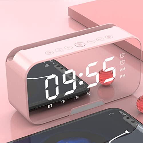 Bluetooth Speaker, LED Digital Alarm Clock Wireless Speaker with HD Time Display, Mirror Surface Rechargeable Speaker with FM Radio, Bright Adjustment, 2 Card Slot for Phones Tablets Computer (Pink)