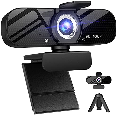 Full HD Webcam with Built-in Microphone and Rotatable Tripod, 1080P Video and Wide Angle Camera, Privacy Cover, for Desktop PC or Laptop Computer, Great for Calls, Video Conferencing, Live Streaming