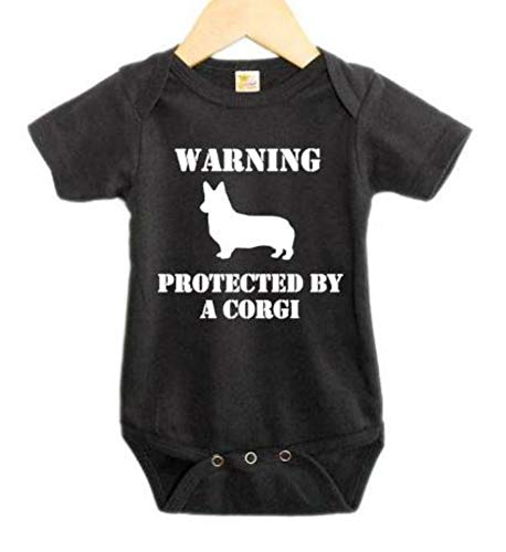 Warning Protected by/Corgi Onesie/Uni  Baby Bodysuit/Funny Romper (0-3M, Black SS)
