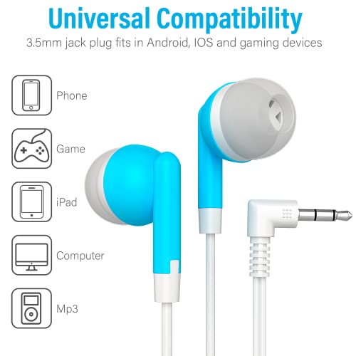 10 Pack Multi Color Kid's Wired Earbud Headphones, Individually Bagged, Disposable Earbuds Ideal for Students in Classroom Libraries Schools, Bulk Wholesale