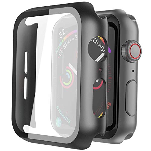 2 Pack Hard PC Case with Tempered Glass Screen Protector Compatible with Apple Watch Series 6 SE Series 5 Series 4 44mm, Black