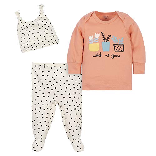 Baby Girls 3-Piece Shirt, Footed Pant, and Cap Set, Ivory/Orange, 0-3 Months