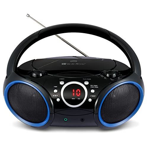030C Portable CD Player Boombox with AM FM Stereo Radio, Aux Line in, Headphone Jack, Supported AC or Battery Powered (Black with a Touch of Blue Rims)