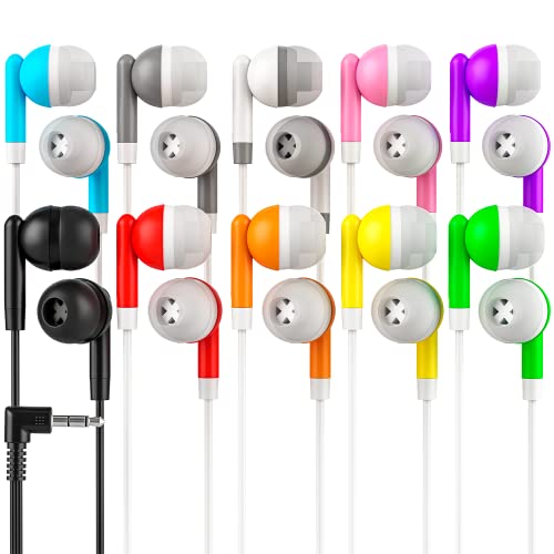 10 Pack Multi Color Kid's Wired Earbud Headphones, Individually Bagged, Disposable Earbuds Ideal for Students in Classroom Libraries Schools, Bulk Wholesale
