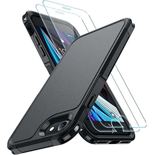 iPhone SE Case 2022/3rd/2020,iPhone 8/7 Case,with [2xTempered Glass Screen Protector] [360 Full Body Shockproof] [Heavy Dropproof],Hard PC+Soft Silicone TPU+Glass Screen Phone Case-Black