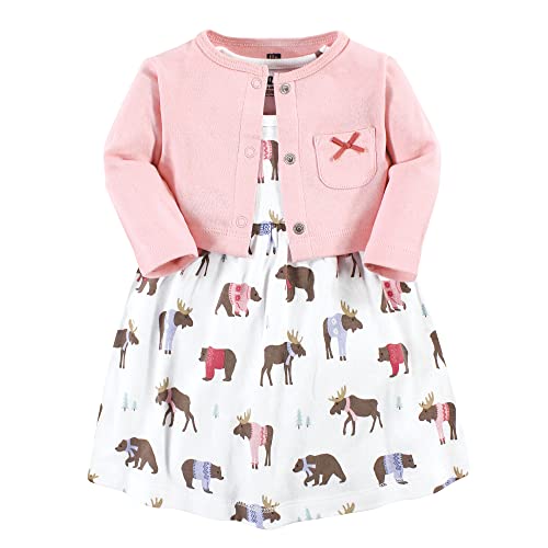 Girls Cotton Dress and Cardigan Set, Pink Moose Bear, 3-6 Months