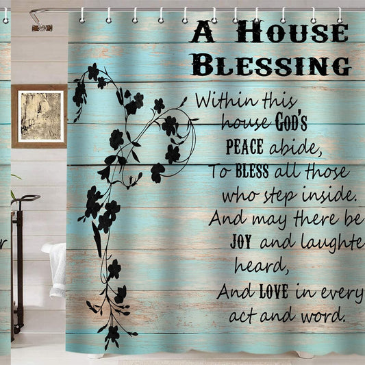Mint Green Shower Curtain with Black Flower and Wood Planks Design